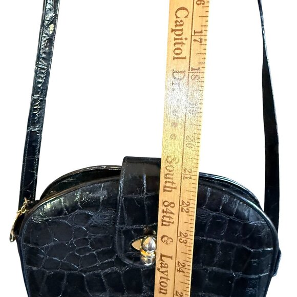 Stuart Weitzman Faux Leather Croco Embossed Patent Shoulder Bag Women's Black - Picture 7 of 11